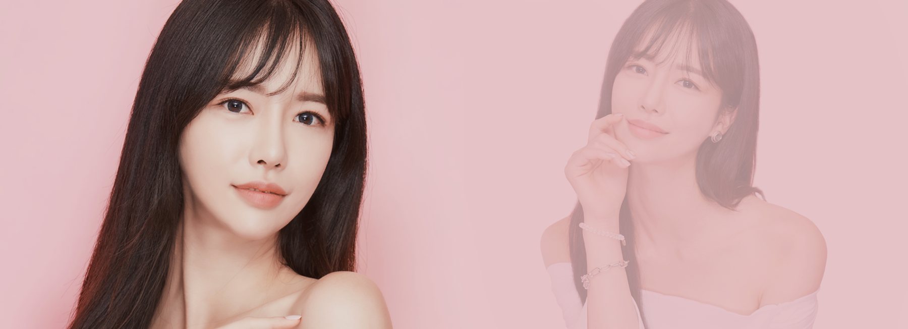 앞머리 긴 머리 여성 모델 얼굴·어깨 + 같은 모델 손을 턱에 댄 모습 — 분홍 바탕